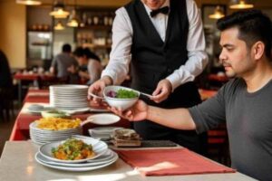 cliente aiuta cameriere a portare via i piatti