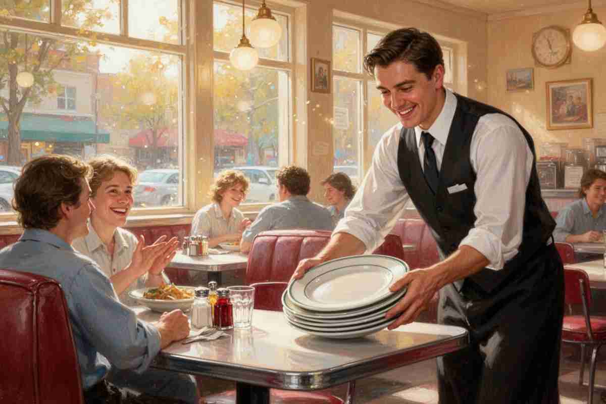 una coppia osserva cameriere che porta via i piatti