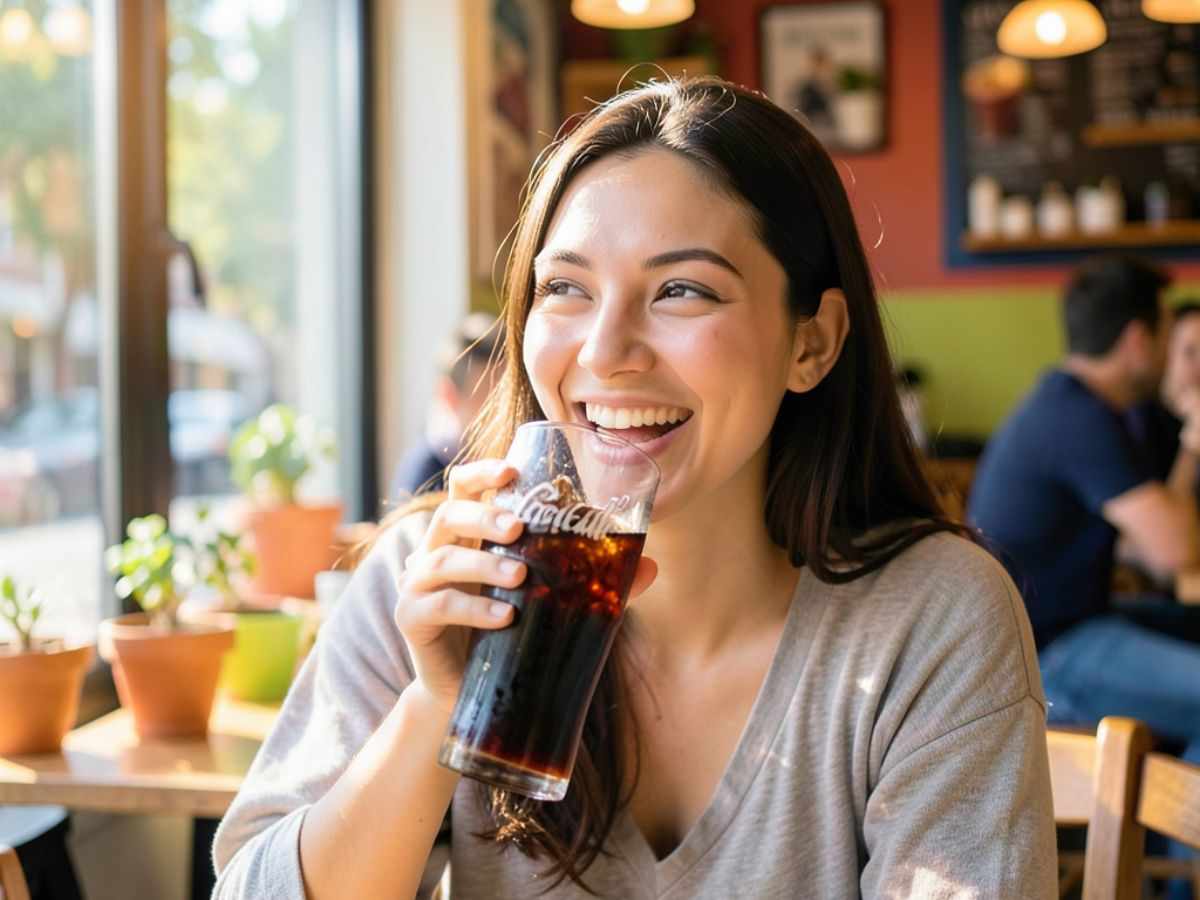 ragazza sorride mentre beve una coca cola