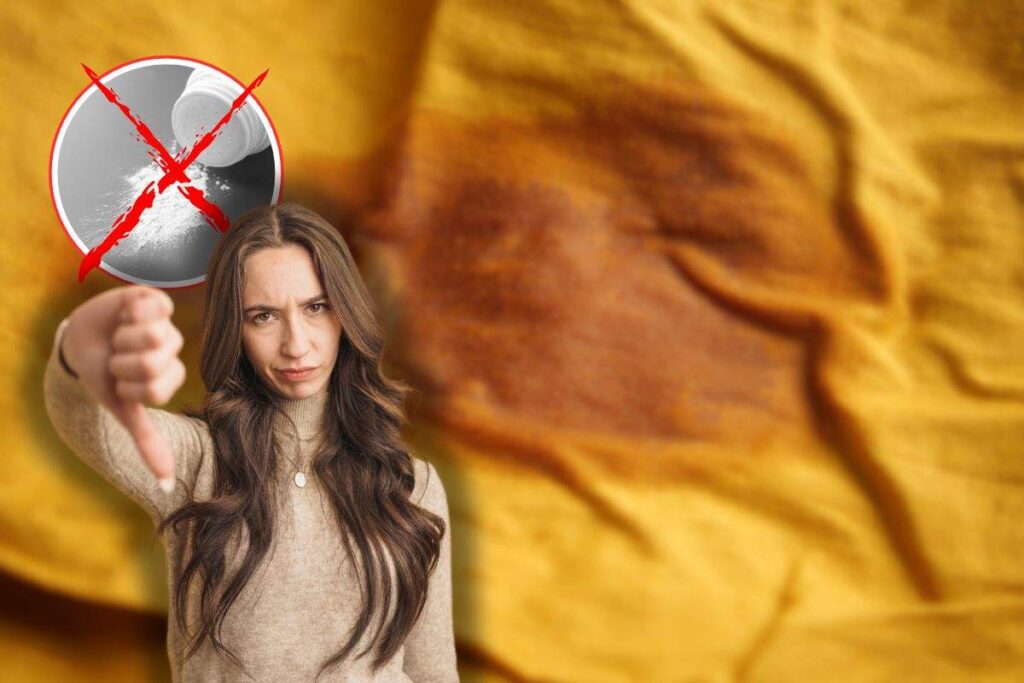 macchia d'unto su indumento giallo, x rossa su talco e donna con pollice in giù