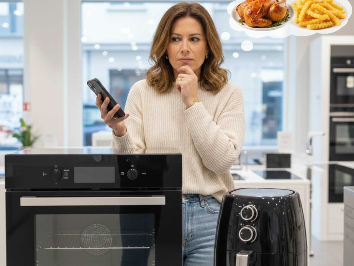 donna dubbiosa tra forno o friggitrice aria