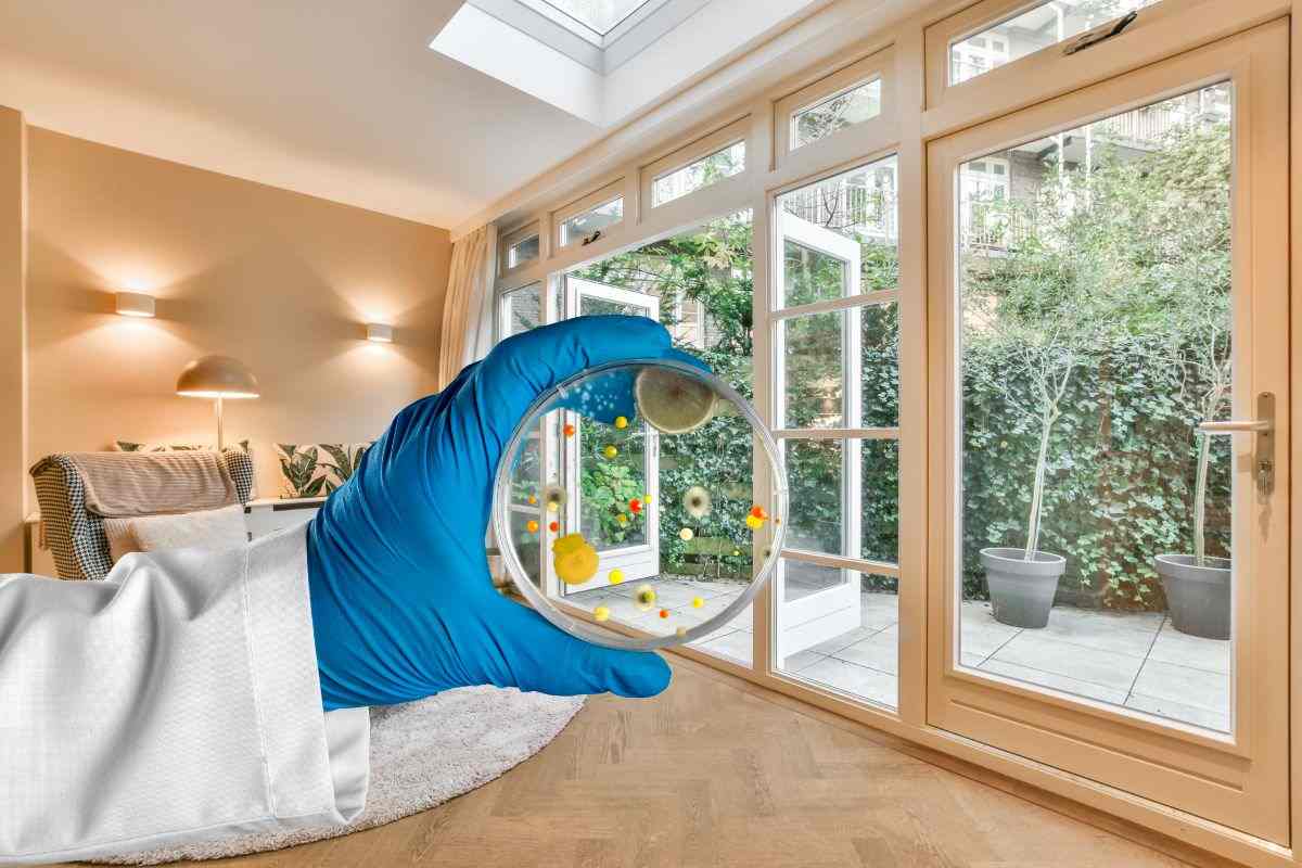 mano medica che mantiene un vetrino con una colonia di batteri in un ampio soggiorno