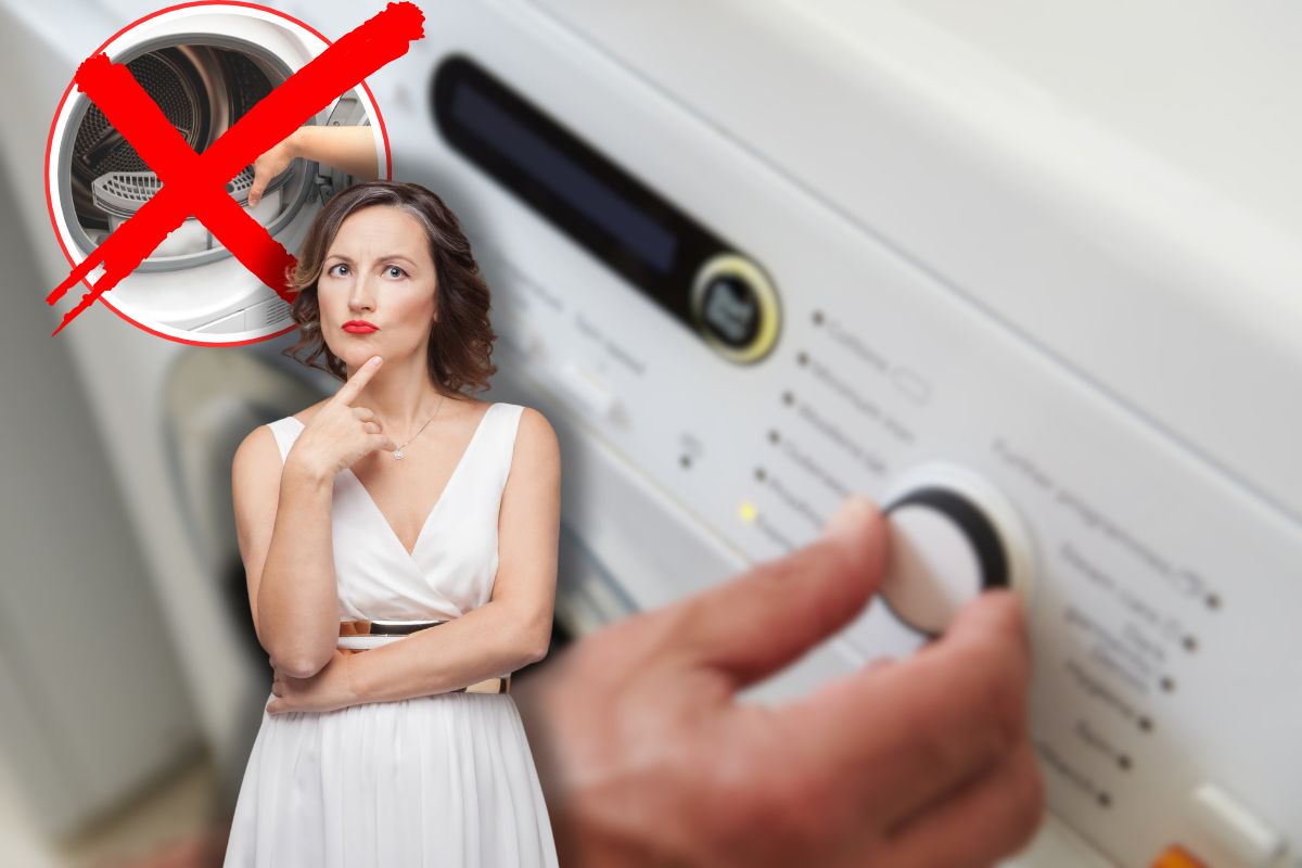 donna che aziona lavatrice, un'altra che pensa ed x rossa su asciugatrice