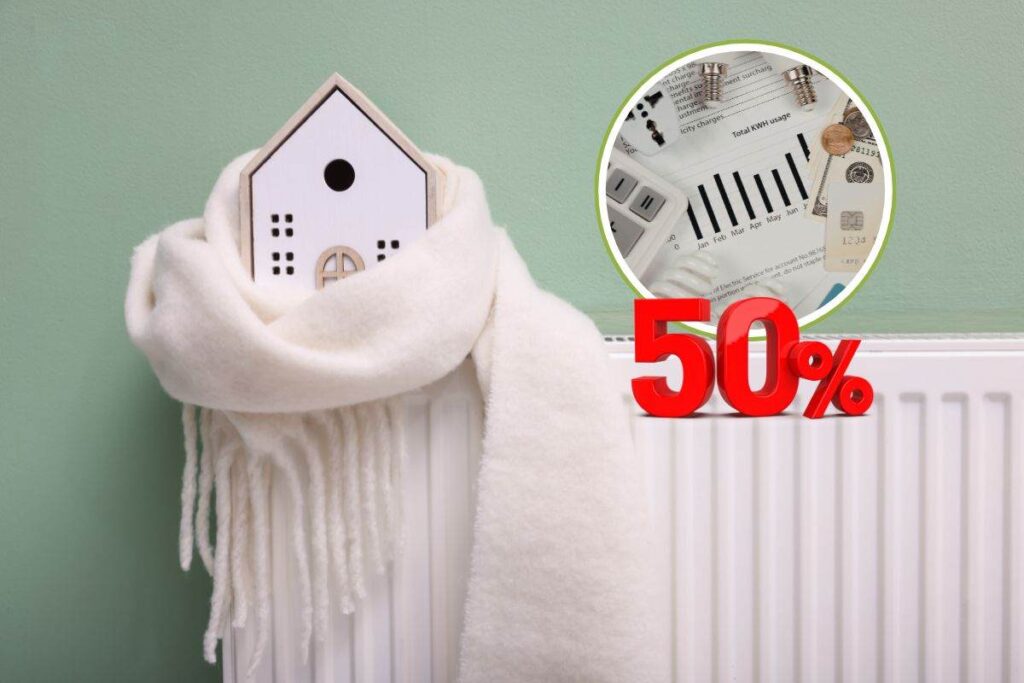 rappresentazione di modellino di casa sul termosifone e bolletta più bassa del 50%