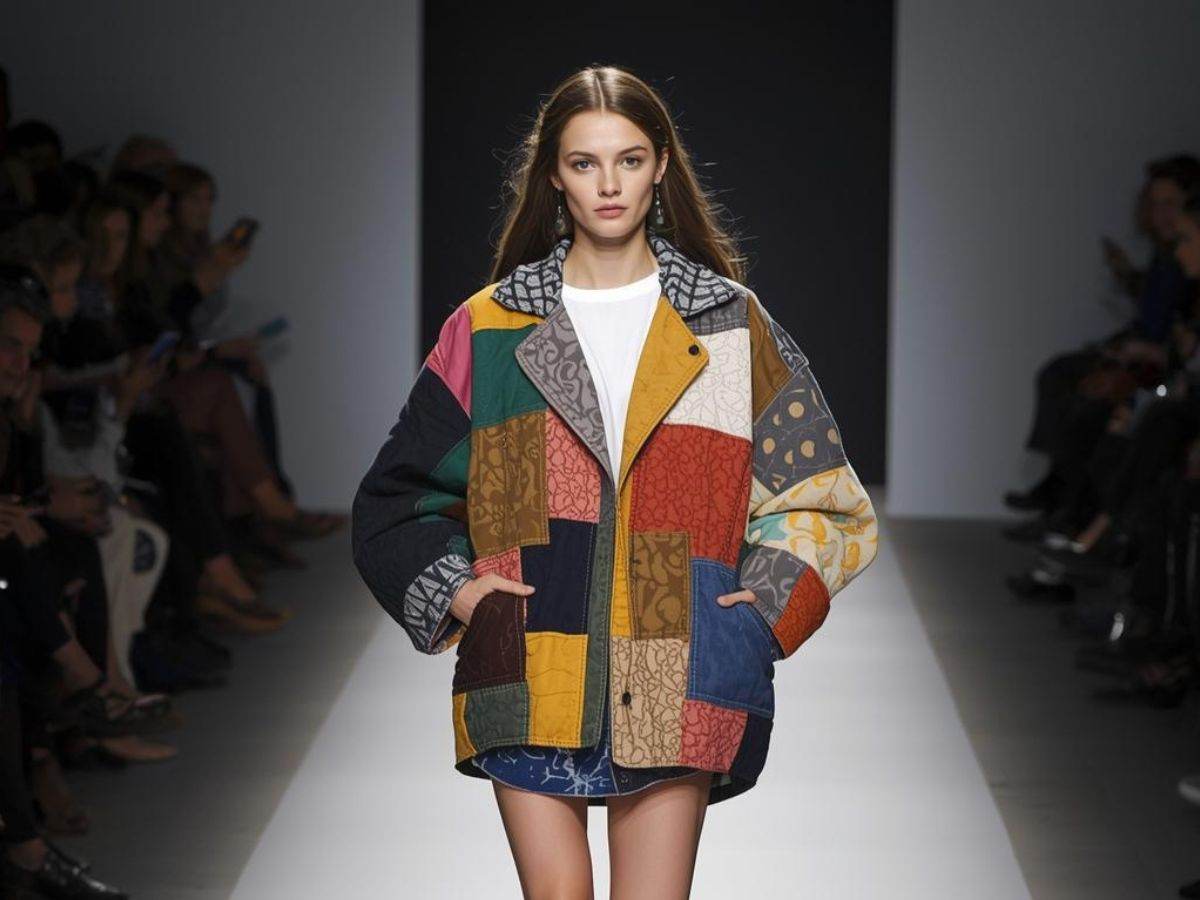 modella sfila in passerella con una giacca patchwork