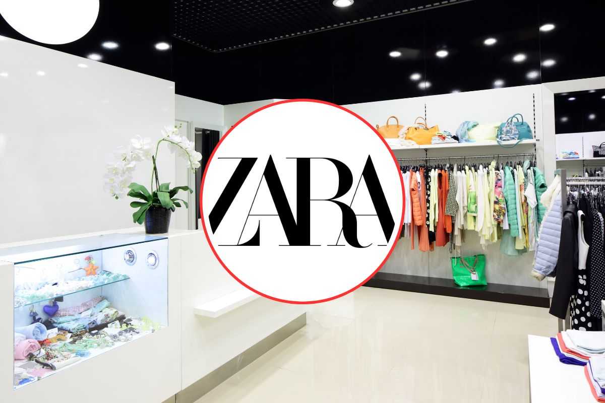 sfondo di un negozio di abbigliamento e logo di zara in primo piano