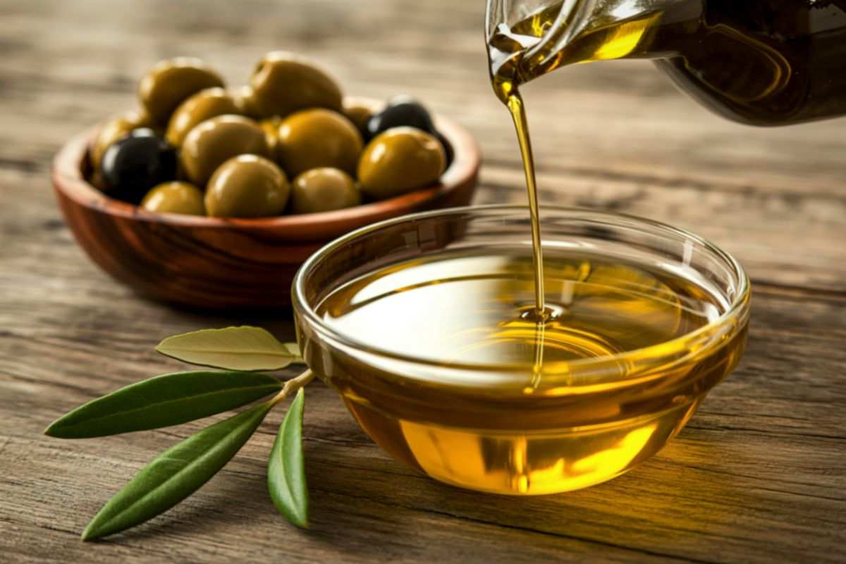 olio di oliva in una ciotola e olive in un'altra ciotola