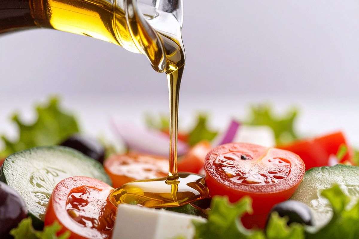 olio versato su un'insalata con pomodori e feta