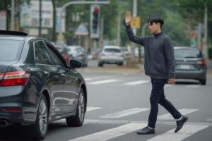 ragazzo che attraversa strada e ringrazia l'auto che si è fermata per farlo passare