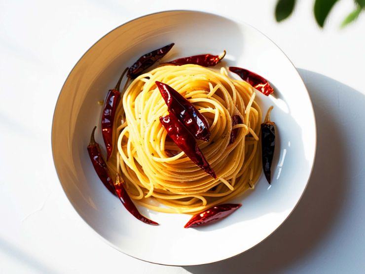 piatto di spaghetti con peperoncini